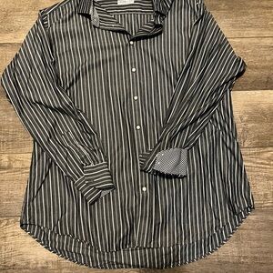 Thomas Dean Dark Grey and White Striped Button-Down Shirt